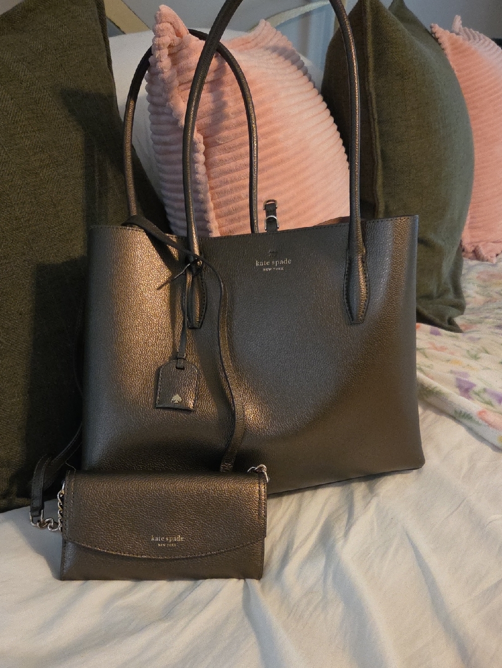 Kate Spade Brown Metallic Leather Tote w/Matching Brown Metallic CrossbodyWallet